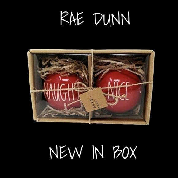 Rae Dunn Christmas Ornaments Ceramic Set - Naughty & Nice, Red, New in Box - Picture 1 of 1